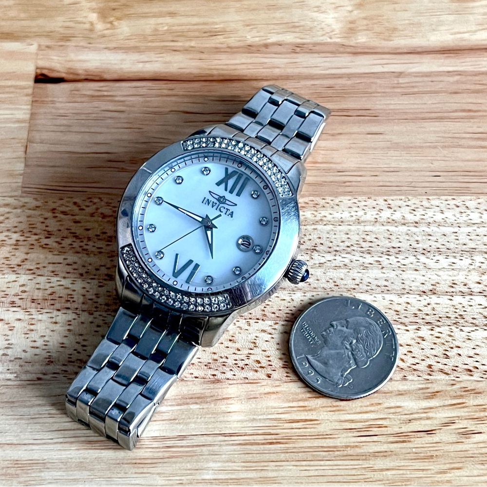 Invicta Angel Watch Womens Silver Tone MOP Crystals 7" Wrist New Battery - Picture 10 of 12